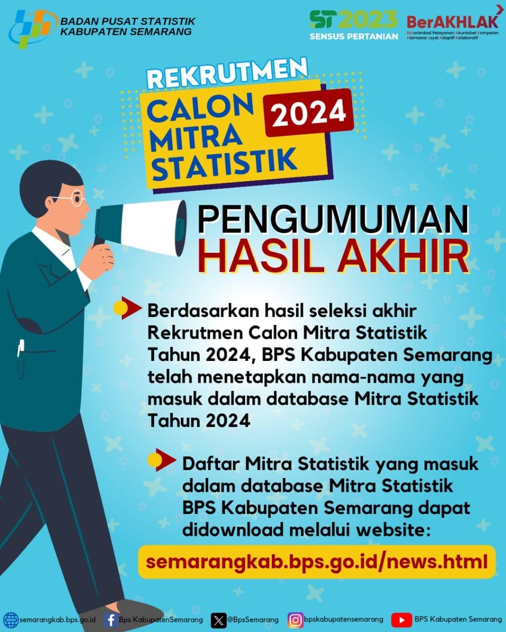 Pengumuman Hasil Akhir Rekrutmen Calon Mitra Statistik BPS Kabupaten Semarang Tahun 2024