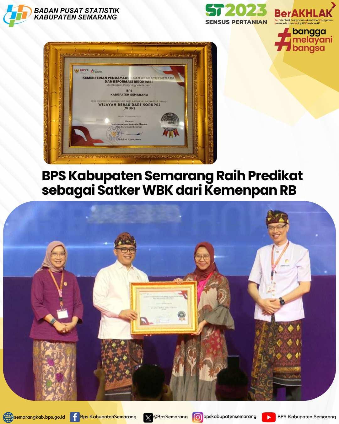 Statistics Semarang Regency Receives Predicate as WBK Working Unit from Kemenpan RB